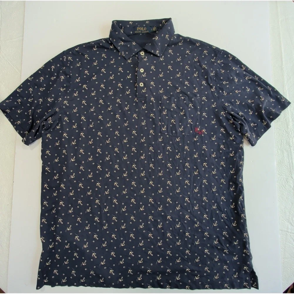 Ralph Lauren Polo Shirt Mens Large Navy Anchor Print Pocket R67 Nautical Preppy
